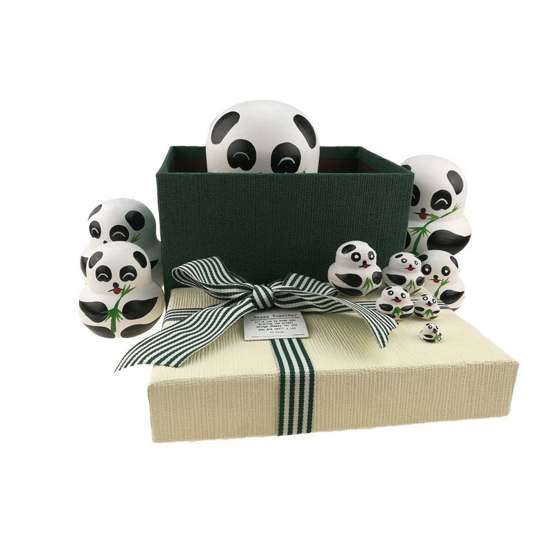 Apol Set of 10 Big-Belly Wooden Handmade Panda Bear with Bamboo Nesting Dolls Matryoshka Russian Doll in a Box with Bow for Kids Toy Home Decoration New Year - Image 5